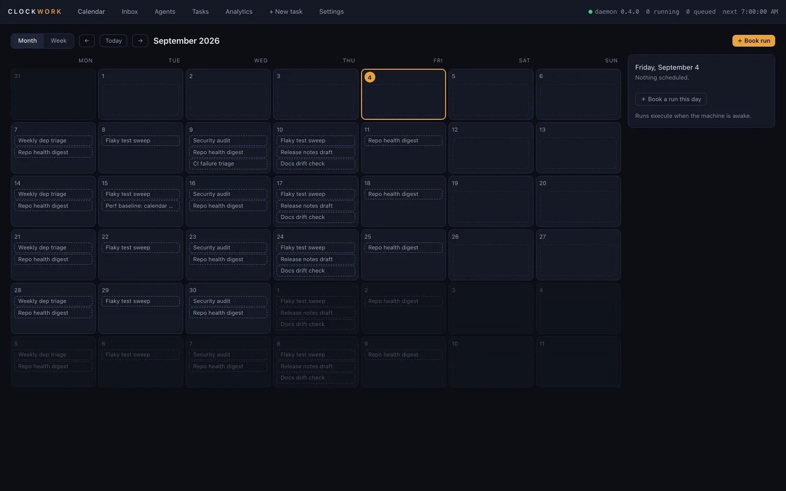 Clockwork month view with recurring agent jobs booked across September