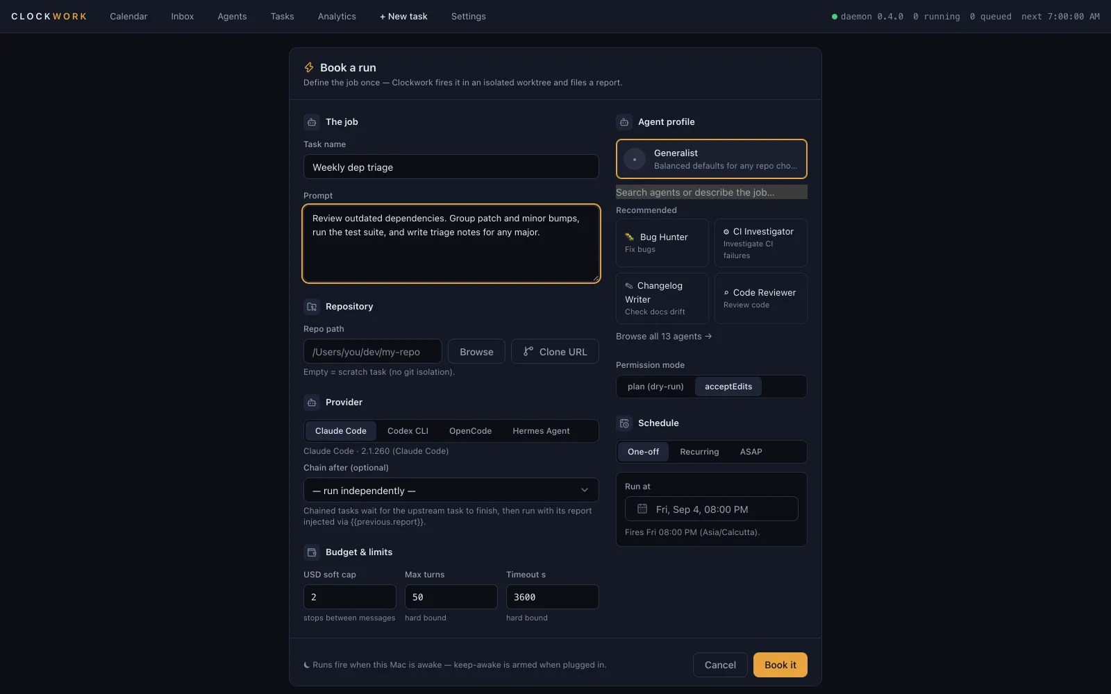 The Clockwork composer: task name, prompt, repository, engine, budget and schedule