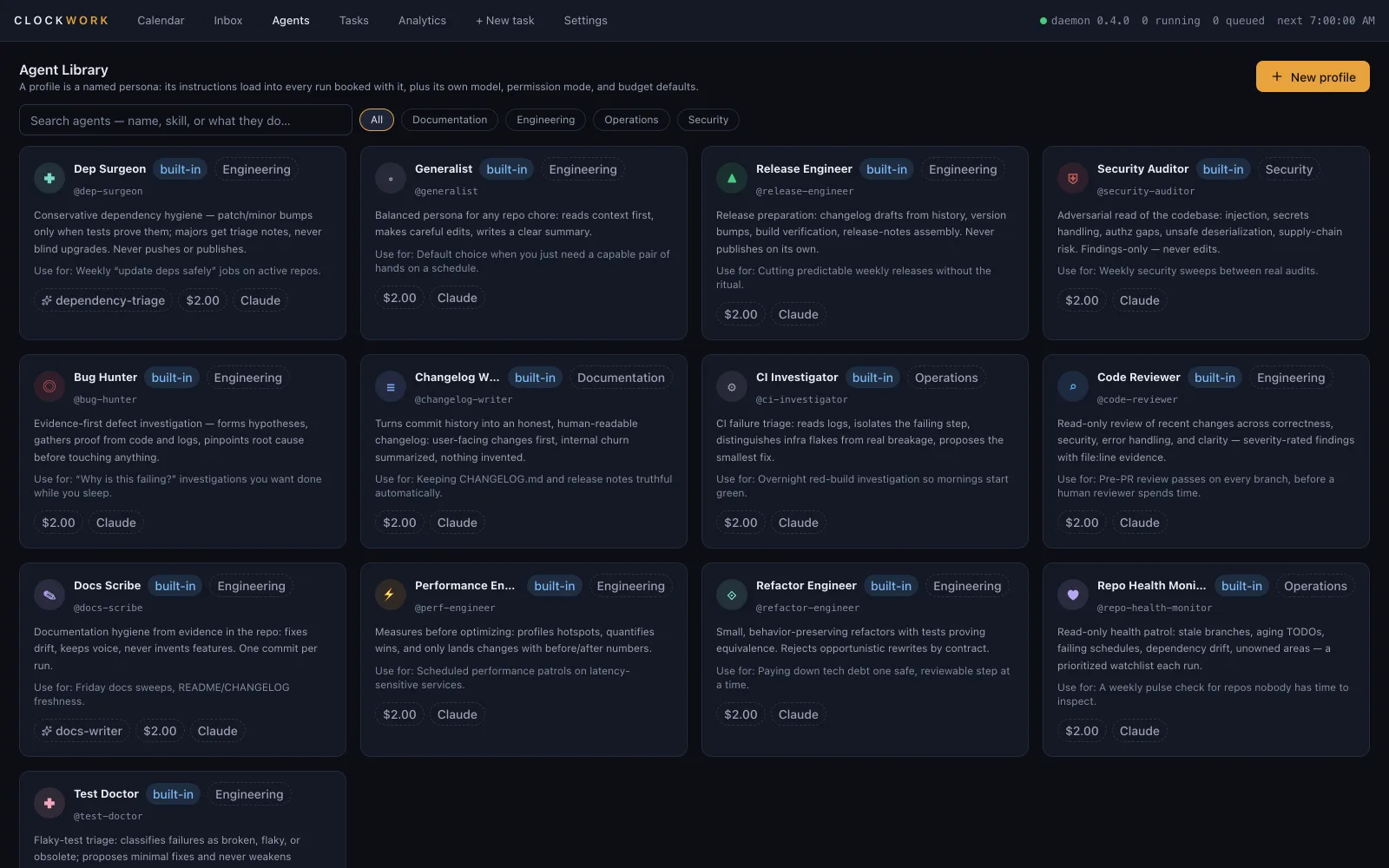 The agent library with all thirteen built-in profiles