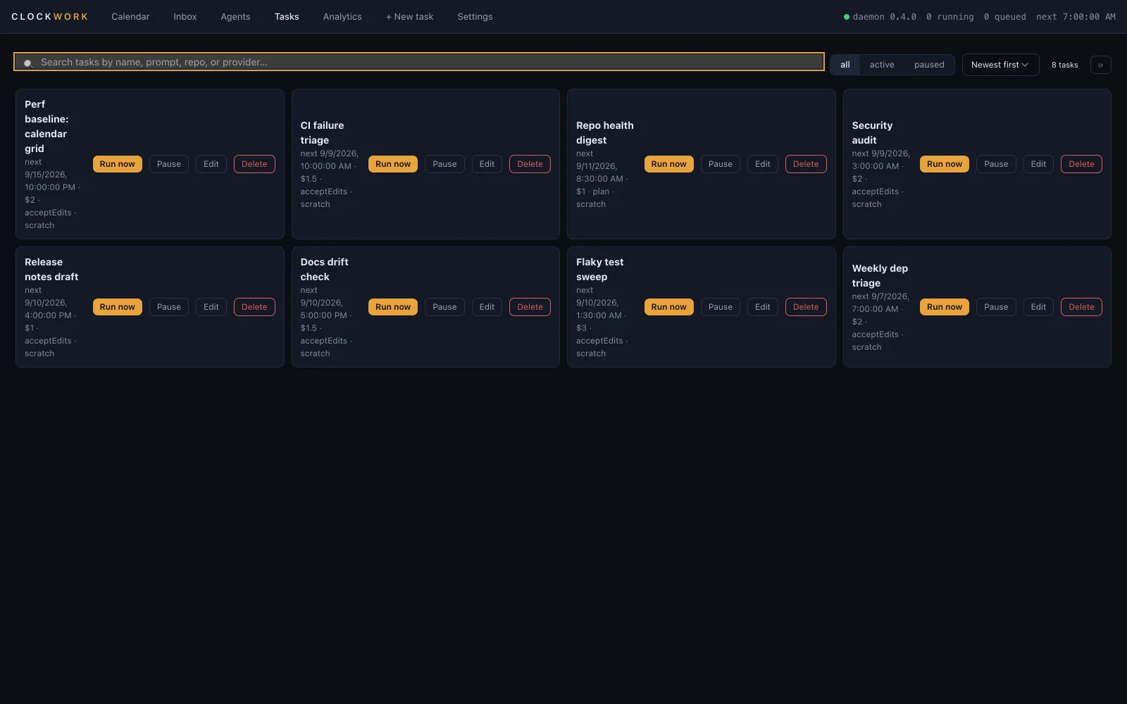 The tasks list with schedules, budgets and run-now controls