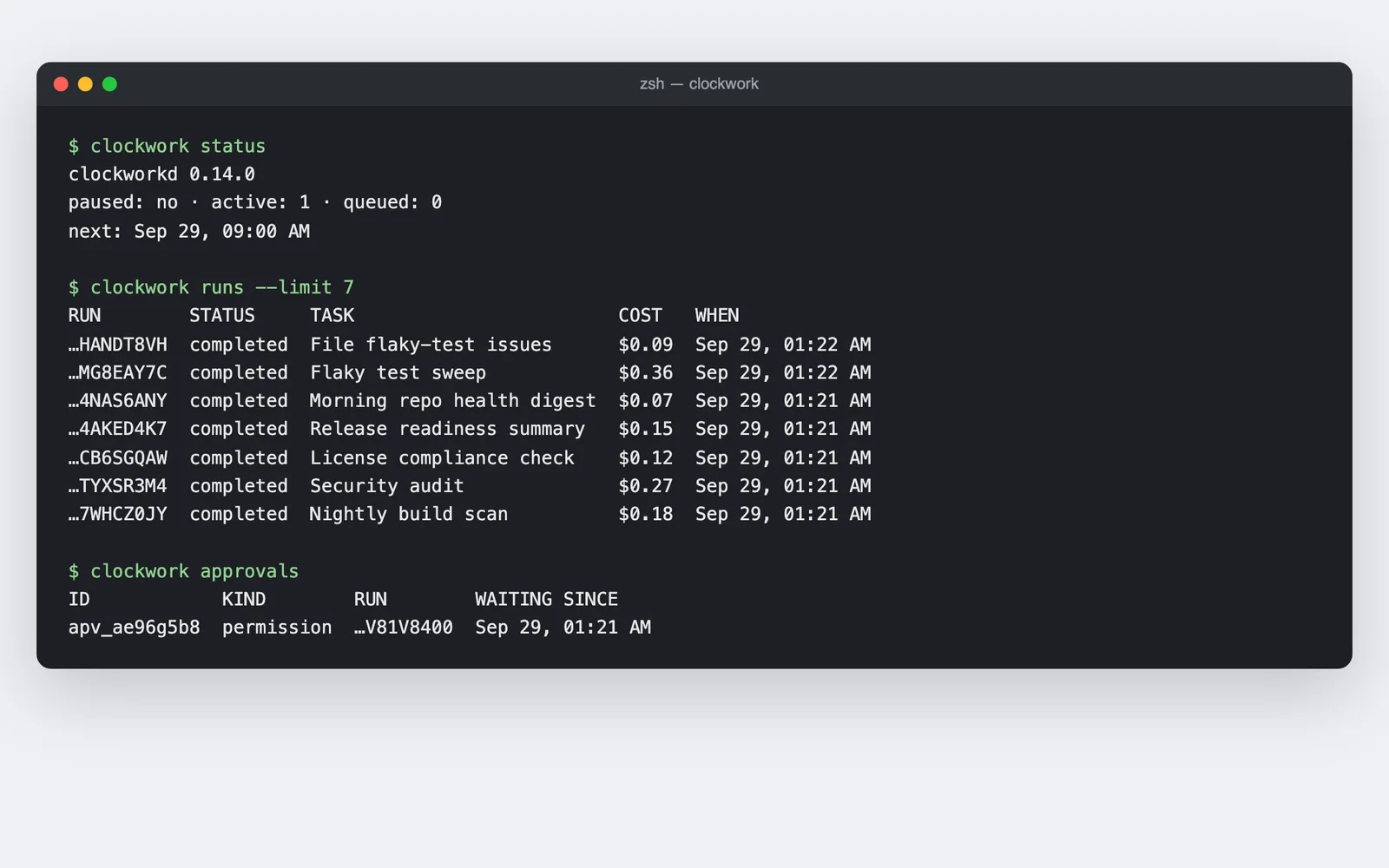 Terminal output of clockwork status, runs and approvals